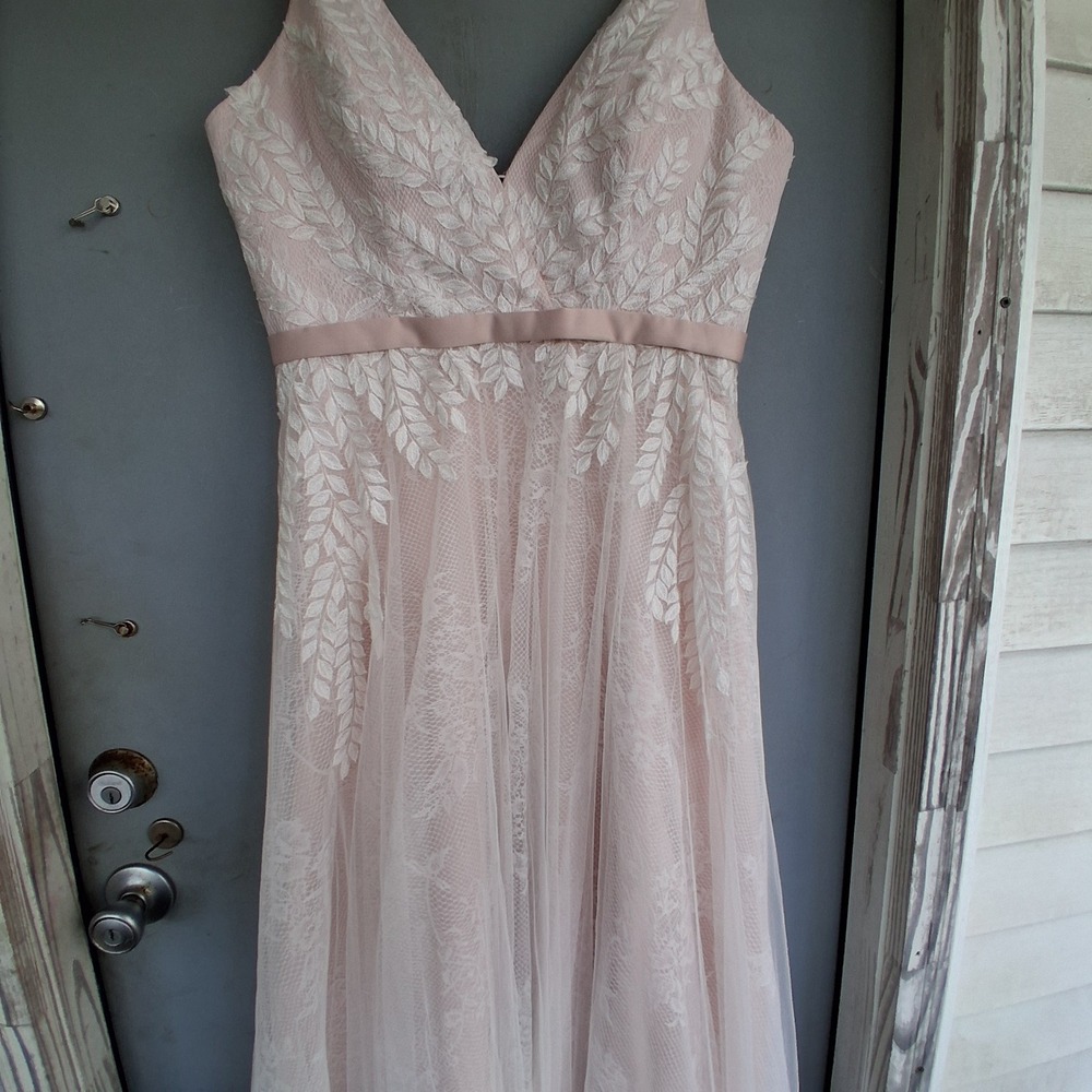 Pixie Fairy Blush Pink Lace Tulle A-Line Wedding Dress Leaf Embroidery US 14
